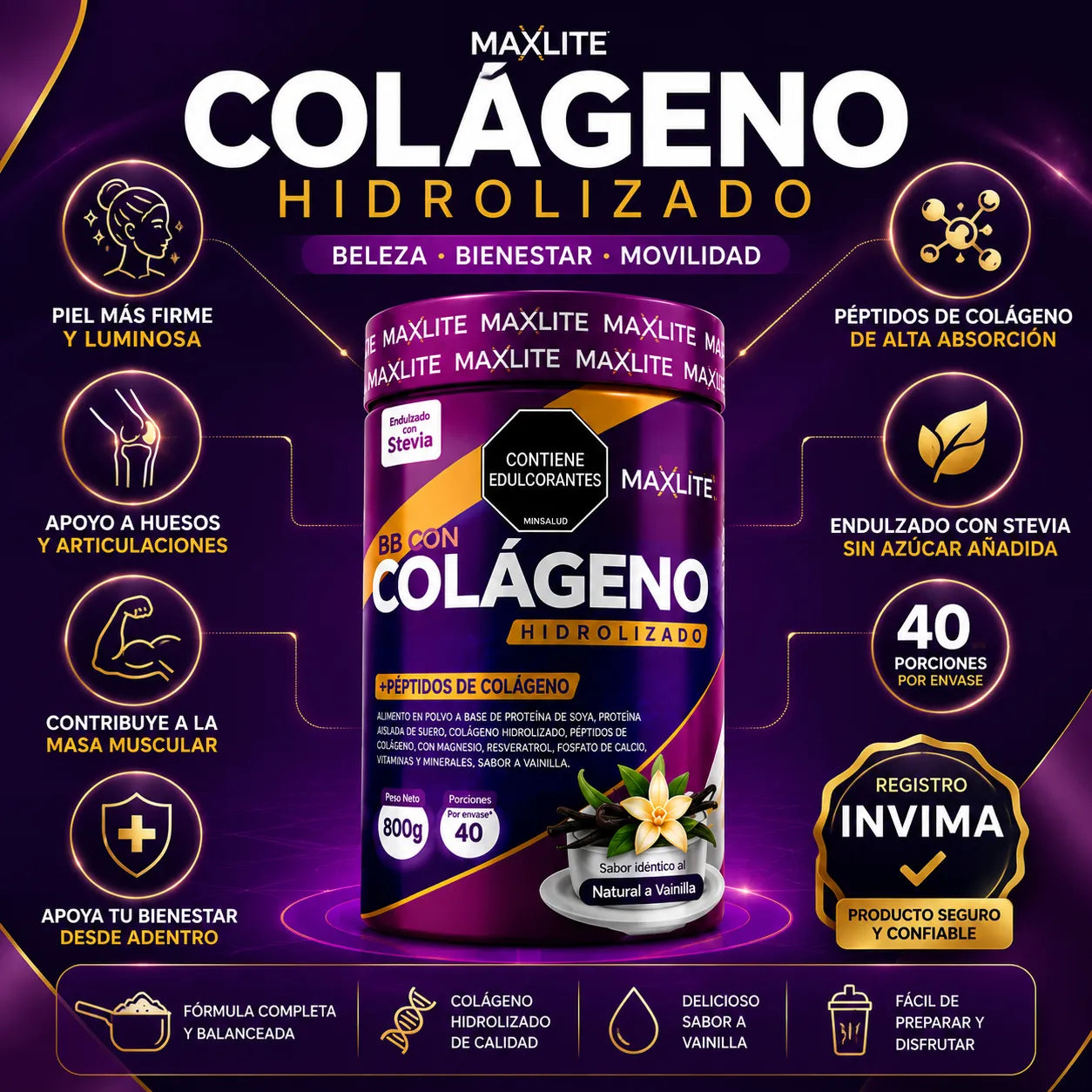 Colágeno Hidrolizado Maxlite 800g con Péptidos